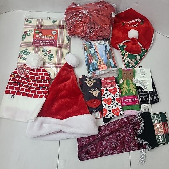 Lot Of 13 Christmas Holiday Items Hats Tablecloth Socks Tree Skirt Bows - Picture 1 of 5
